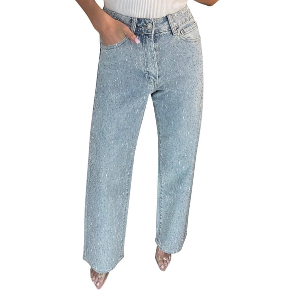 Floleo Women's Rhinestone Embellished Straight Leg Jeans Sparkly High Waisted Denim Pants Casual Chic Everyday Wear with Pockets