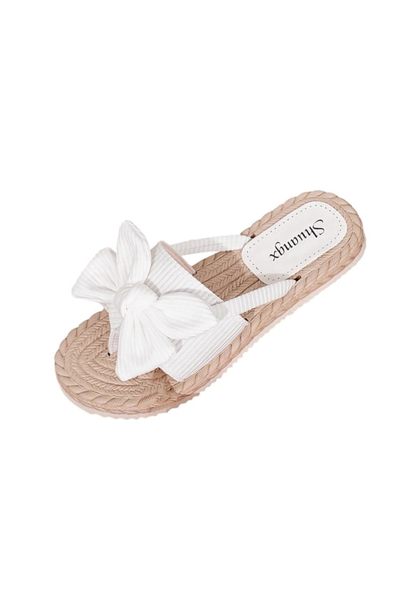 Women's Ribbed Fabric Bow Thong Slide Sandals, Braided Trim Thick Midsole Slip-On Footwear, Four Neutral Tone Non-Slip Summer Beach & Daily Casual Flip Slippers(White,5.5)