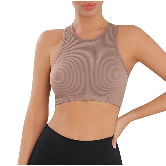 Floleo Women's Ribbed High-Neck Racerback Sports Bra, Wireless Nylon-Spandex Blend, Form-Fitting Yoga Workout Crop Top (Beige,S)