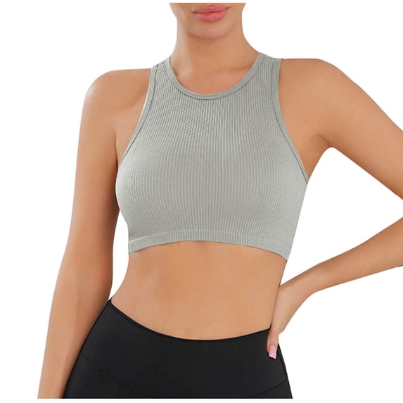 Floleo Women's Ribbed High-Neck Racerback Sports Bra, Wireless Nylon-Spandex Blend, Form-Fitting Yoga Workout Crop Top (Gray,S)