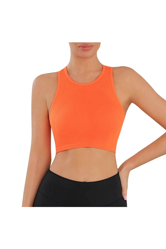Women's Ribbed High-Neck Racerback Sports Bra, Wireless Nylon-Spandex Blend, Form-Fitting Yoga Workout Crop Top (Orange,S)