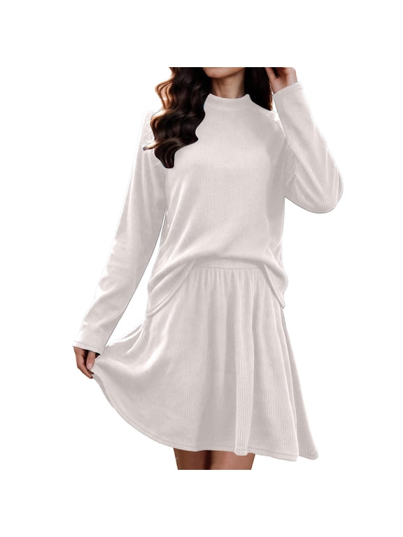 Women's Ribbed Knit Two Piece Set Long Sleeve Round Neck Top and A Line Mini Skirt for Casual Fall Daily Wear and Home Outfits