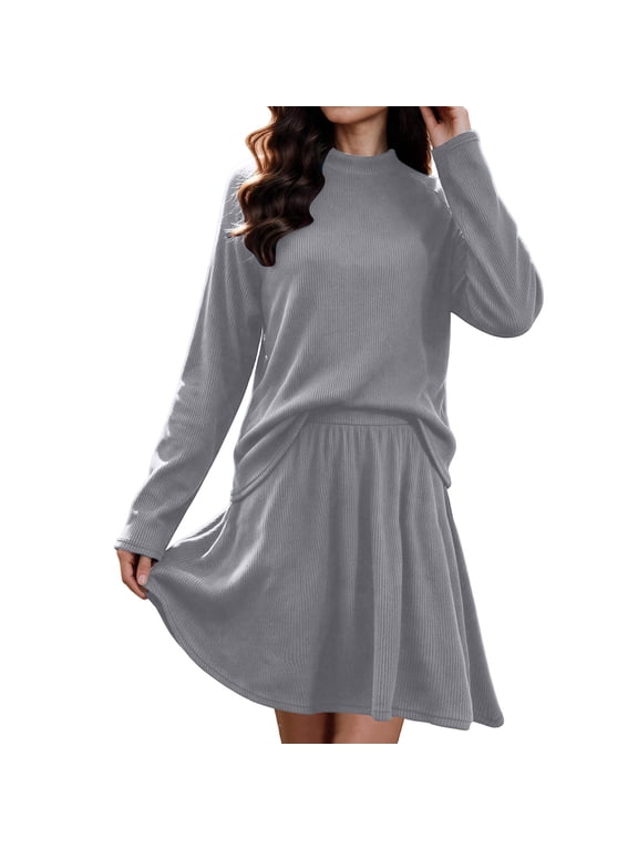 Women's Ribbed Knit Two Piece Set Long Sleeve Round Neck Top and A Line Mini Skirt for Casual Fall Daily Wear and Home Outfits