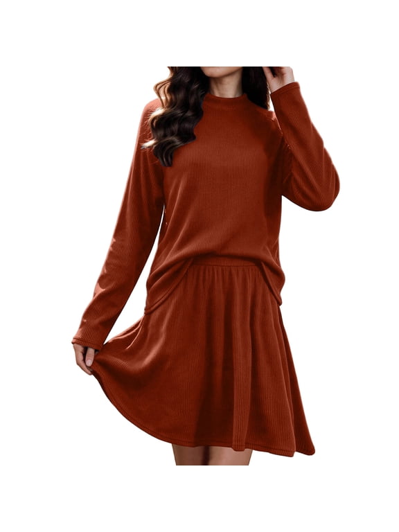 Women's Ribbed Knit Two Piece Set Long Sleeve Round Neck Top and A Line Mini Skirt for Casual Fall Daily Wear and Home Outfits