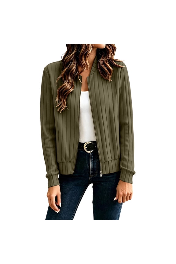Women's Ribbed Knit Zip-Up Cardigan, Long Sleeve Crew Neck Casual Jacket In Multiple Solid Colors(Army Green,S)