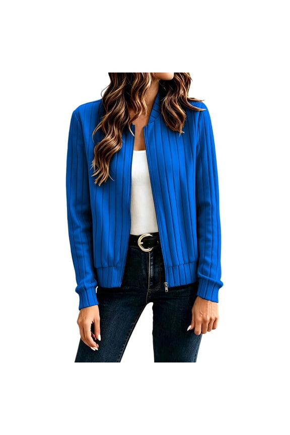 Women's Ribbed Knit Zip-Up Cardigan, Long Sleeve Crew Neck Casual Jacket In Multiple Solid Colors(Blue,S)