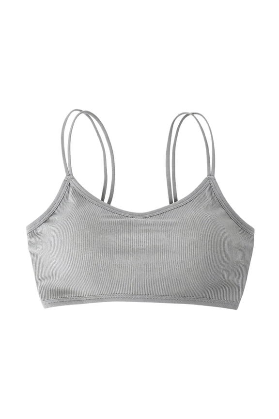 Women's Ribbed Scoop Neck Double Strap Bralette, Wireless Nylon Everyday Bra with Removable Pads (Gray,M)