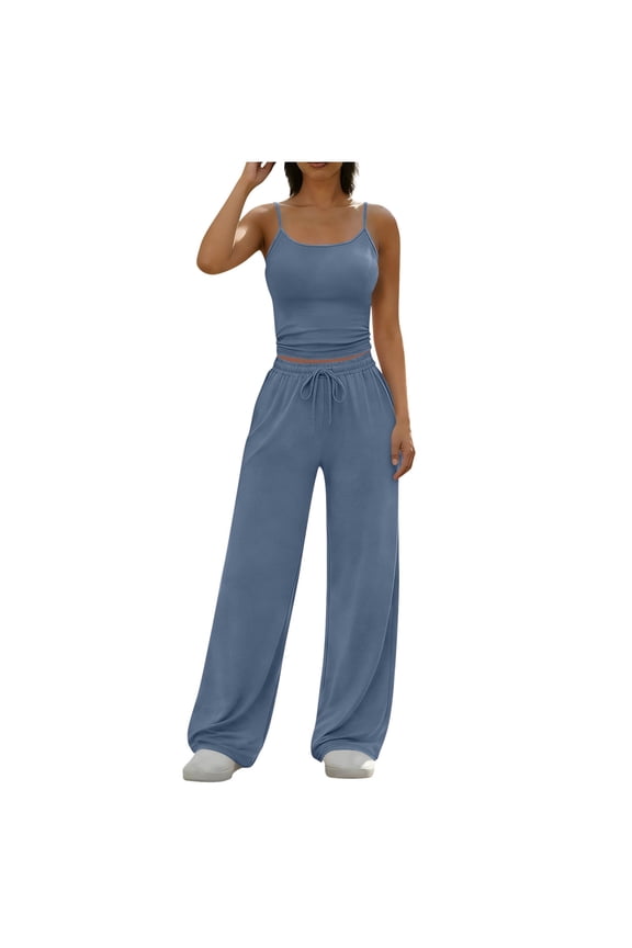 Women's Ribbed Sling Top with High Waist Flare Leg Pants Set Adjustable Drawstring Comfortable Two Piece Outfit for Spring Summer Casual Wear(Navy,2XL)