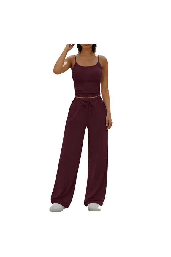 Women's Ribbed Solid Color Sling Top with High Waist Flare Leg Pants Set Adjustable Drawstring Comfortable Two Piece Outfit for Spring Summer Casual Wear(Wine,2XL)