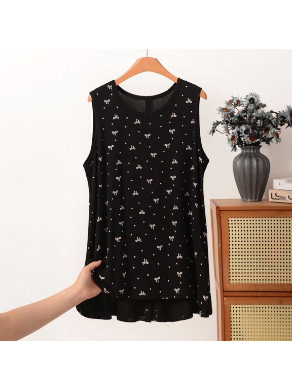 Women's Round Neck Allover Bow Dot Print Sleeveless Tank Top, High-Low Split Hem Loose Fit Casual Vest for Summer Loungewear & Daily Outfits (Black,3XL)