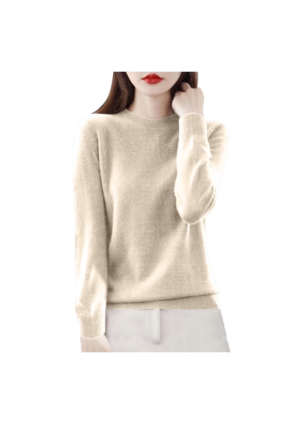 Women's Round Neck Long Sleeve Knit Sweater, Casual Soft Acrylic Base Layer Top For All Seasons, Comfortable Everyday Pullover In Multiple Colors (Beige,M)