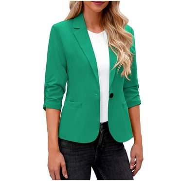 Floleo Women's Ruched 3/4 Sleeve Blazers,Open Front Cardigan Jacket Work Office Blazer,Lightweight Slim Fit Suits with Padded Shoulder for Business Casual