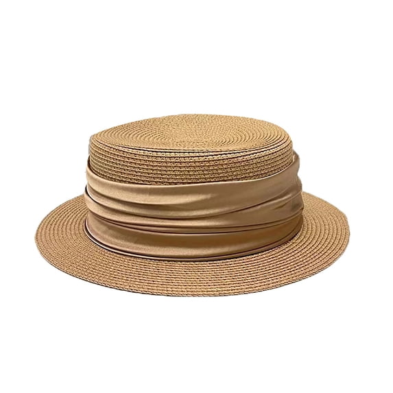 Floleo Women's Satin Band Straw Boater Hat Flat Top Wide Brim Sun Hat Elegant Uv Protection Summer Cap Breathable Outdoor Fashion Sun Hat(Khaki,Free Size)