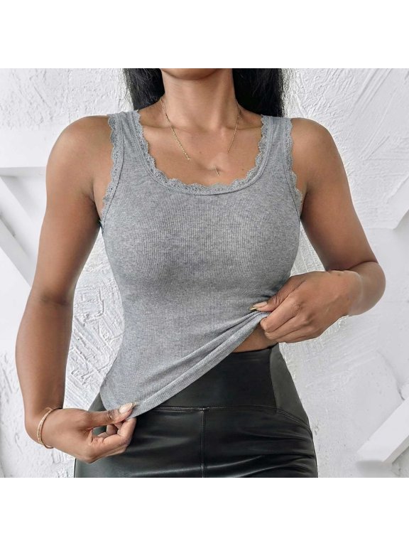 Women's Scalloped Lace Trim U-Neck Ribbed Tank Top, High Stretch Slim Fit Solid Sleeveless Layering Vest for All-Season Daily Wear (Gray,M)