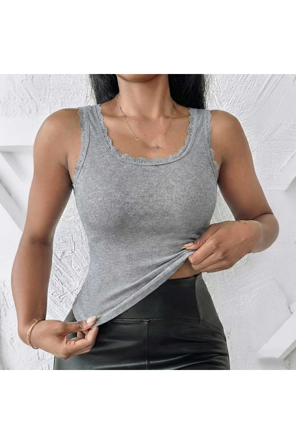 Women's Scalloped Lace Trim U-Neck Ribbed Tank Top, High Stretch Slim Fit Solid Sleeveless Layering Vest for All-Season Daily Wear (Gray,XL)