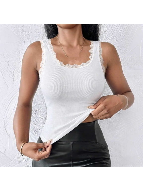 Women's Scalloped Lace Trim U-Neck Ribbed Tank Top, High Stretch Slim Fit Solid Sleeveless Layering Vest for All-Season Daily Wear (White,M)