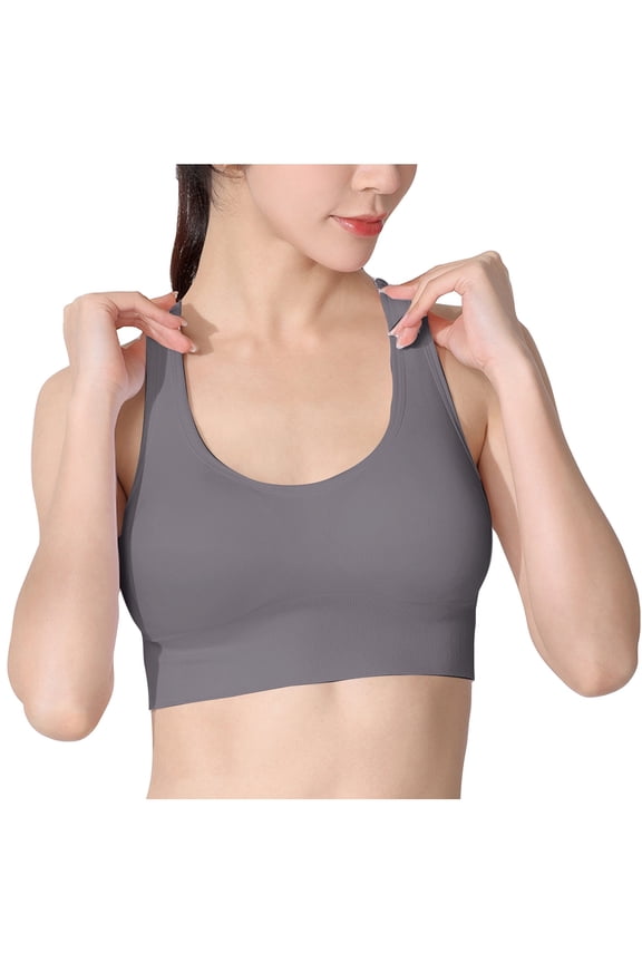 Women's Scoop Neck Seamless Sports Bra, Ribbed Underband, Racerback Style Everyday & Workout Bralette (Gray,S)