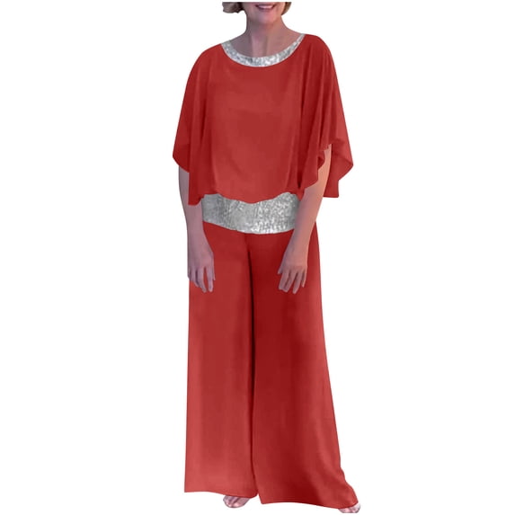 Floleo Women's Sequin Patchwork Blouson Sleeve Top Wide Leg Pants Set Elegant Casual Two Piece Outfit for Evening Party Summer Vacation Daily Wear