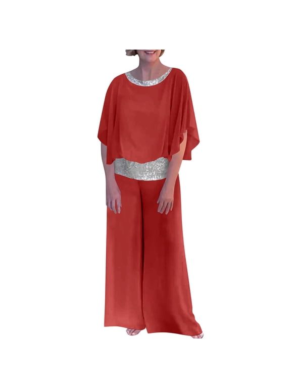 Women's Sequin Patchwork Blouson Sleeve Top Wide Leg Pants Set Elegant Casual Two Piece Outfit for Evening Party Summer Vacation Daily Wear