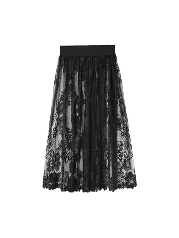 Women's Sheer Lace Midi Underskirt Elastic Waist Floral Lace Half Slip Transparent Layering Lace Skirt Versatile Modesty Slip Skirt for Women(Black,Free Size)