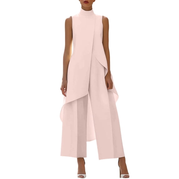 Floleo Women's Sleeveless Mock Neck Layered Tunic Top and Wide Leg Pants Set Elegant Flowy Asymmetrical Hem Solid Color Casual Outfit