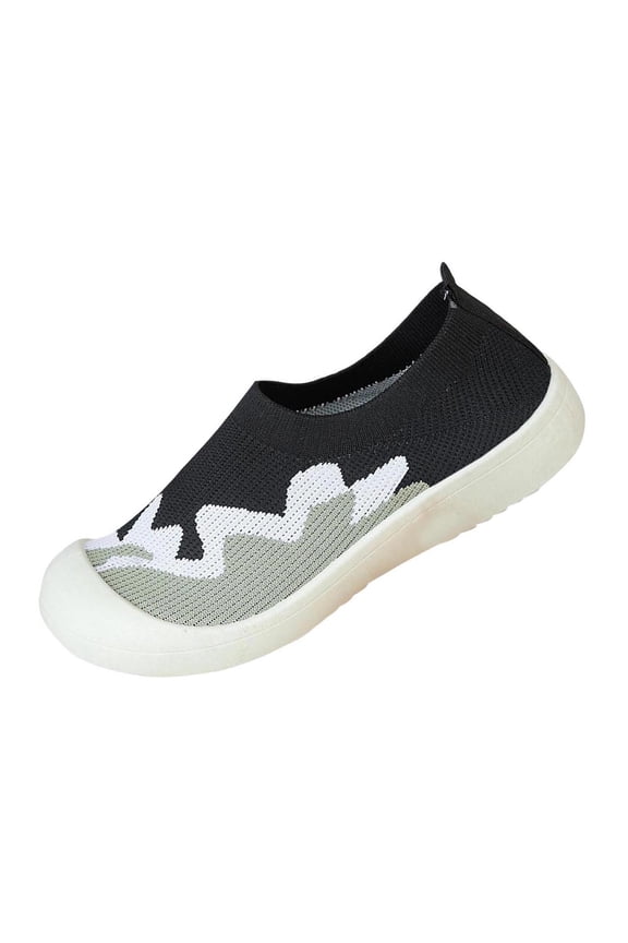 Women's Slip-On Abstract Print Fly Knit Walking Shoes, Round Toe Elastic Collar Breathable Footwear, Four Color Matching Non-Slip Light Daily Casual Sneakers(Black,5.5)