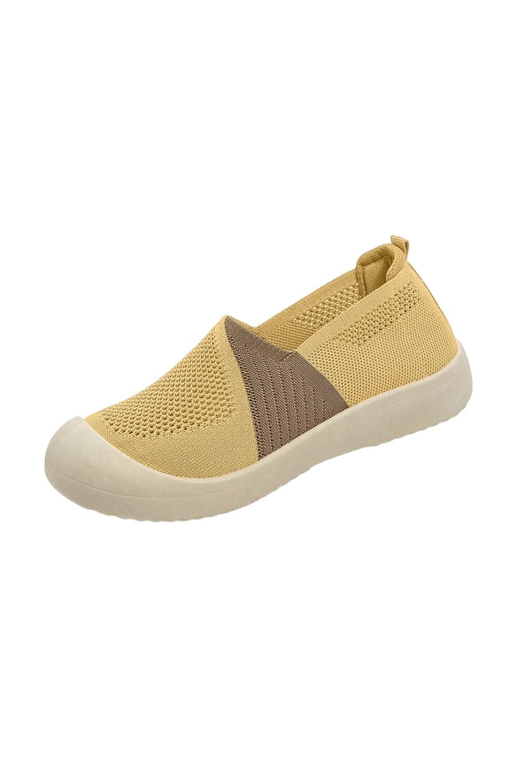 Women's Slip-On Color Block Hollow Knit Walking Shoes, Round Toe Elastic Collar Breathable Footwear, Five Neutral Tone Light Non-Slip Daily Casual Sneakers(Yellow,5.5)