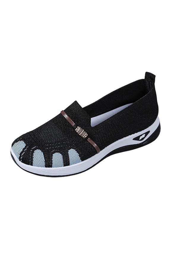 Women's Slip On Cutout Fly Knit Wedge Walking Shoes, Decorative Strap Breathable Casual Daily Footwear(Black,5.5)