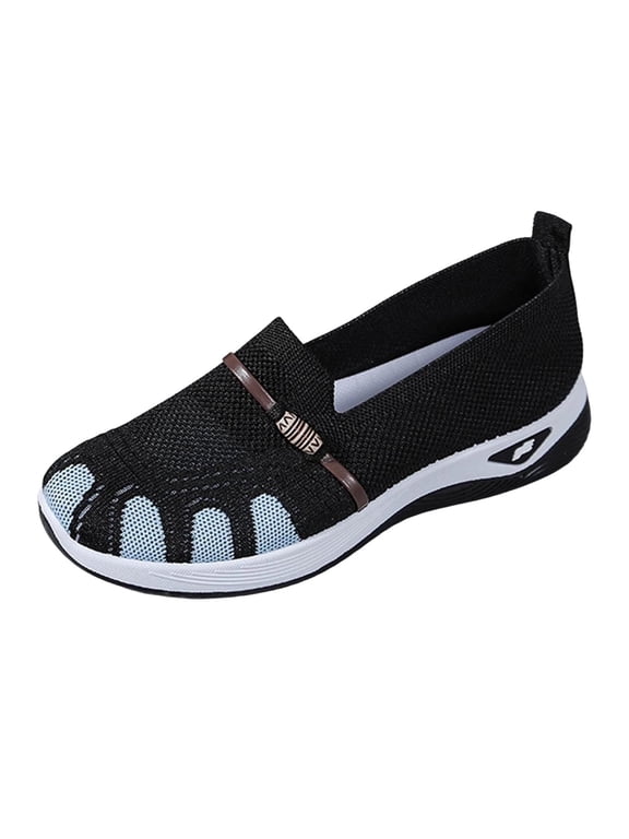 Women's Slip On Cutout Fly Knit Wedge Walking Shoes, Decorative Strap Breathable Casual Daily Footwear(Black,6)
