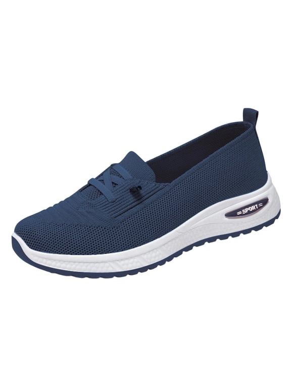 Women's Slip On Elastic Fly Knit Cushioned Walking Sneakers, Breathable Mesh Low Top Casual Daily Outdoor Footwear(Blue,9.5)