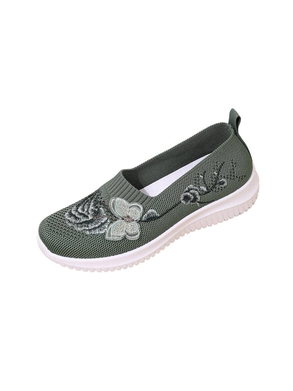 Women's Slip On Floral Embroidery Fly Knit Walking Sneakers, Breathable Hollow Mesh Soft Cushioned Casual Daily Footwear(Army Green,6)