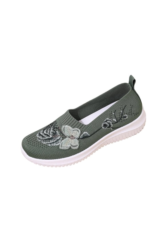 Women's Slip On Floral Embroidery Fly Knit Walking Sneakers, Breathable Hollow Mesh Soft Cushioned Casual Daily Footwear(Army Green,9)
