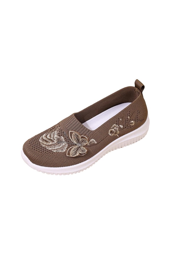Women's Slip On Floral Embroidery Fly Knit Walking Sneakers, Breathable Hollow Mesh Soft Cushioned Casual Daily Footwear(Brown,6.5)