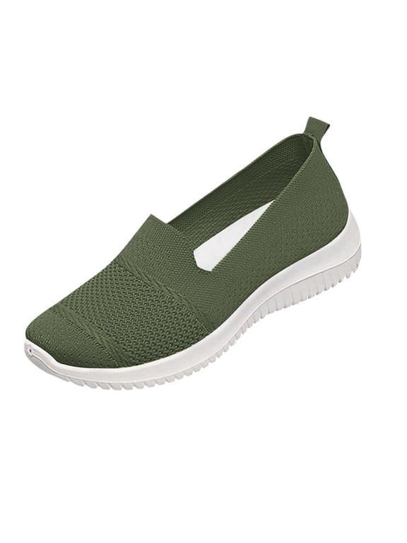 Women's Slip On Hollow Fly Knit Low Top Walking Shoes, Lightweight Breathable Soft Cushioned Sole Casual Daily Footwear(Green,6.5)