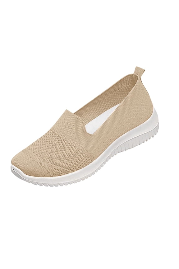 Women's Slip On Hollow Fly Knit Low Top Walking Shoes, Lightweight Breathable Soft Cushioned Sole Casual Daily Footwear(Khaki,9.5)