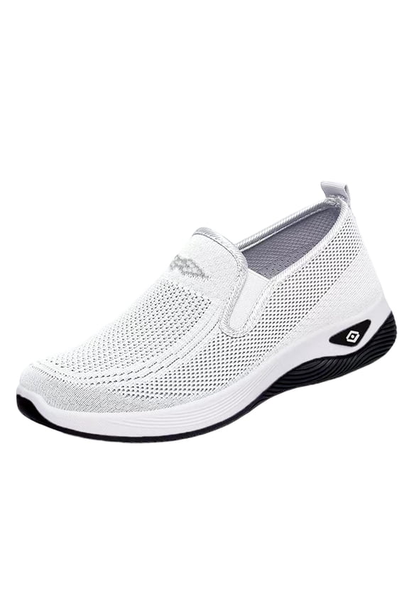 Women's Slip-On Hollow Knit Mesh Walking Shoes, Round Toe Cushioned Curved Midsole Footwear, Six Solid Tone Non-Slip Breathable Daily Casual Loafers(White,5.5)