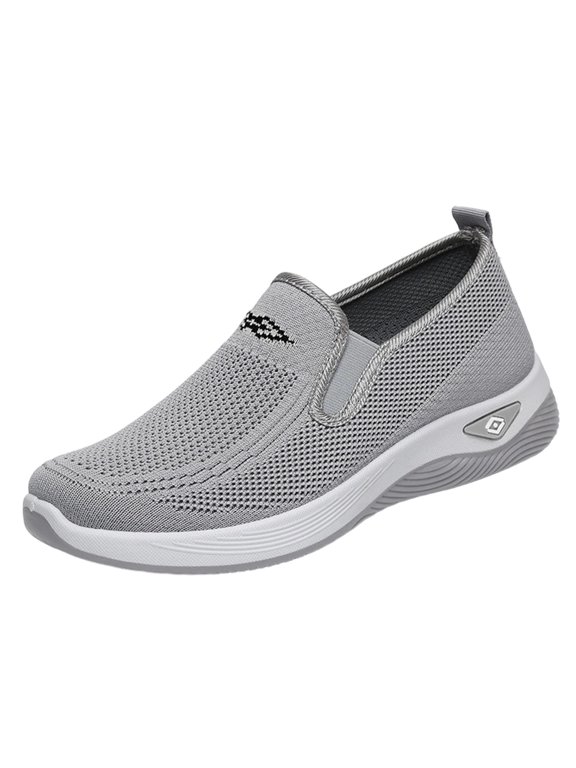 Women's Slip-On Hollow Knit Mesh Walking Shoes, Round Toe Cushioned Curved Midsole Footwear, Six Solid Tone Non-Slip Breathable Daily Casual Loafers(Gray,9)