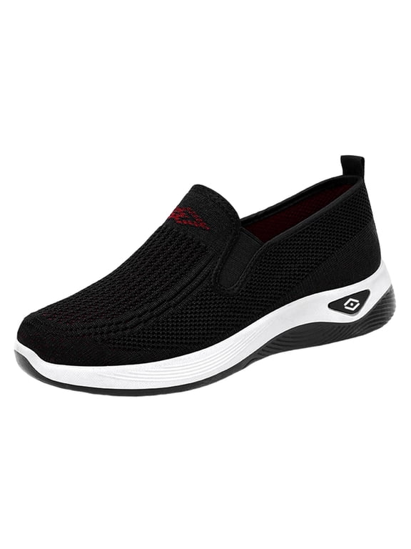 Women's Slip-On Hollow Knit Mesh Walking Shoes, Round Toe Cushioned Curved Midsole Footwear, Six Solid Tone Non-Slip Breathable Daily Casual Loafers(Black,6)