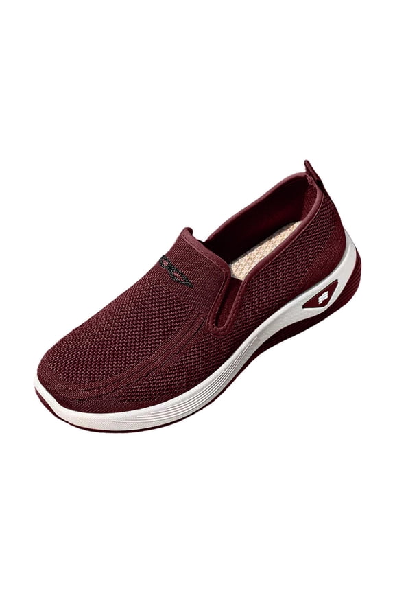 Women's Slip-On Knit Mesh Walking Shoes, Round Toe Cushioned Curved Midsole Footwear, Six Solid Tone Breathable Non-Slip Daily Casual Loafers(Red,6)