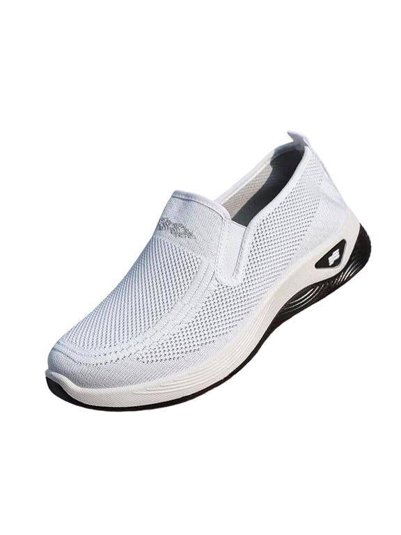 Women's Slip-On Knit Mesh Walking Shoes, Round Toe Cushioned Curved Midsole Footwear, Six Solid Tone Breathable Non-Slip Daily Casual Loafers(White,6.5)