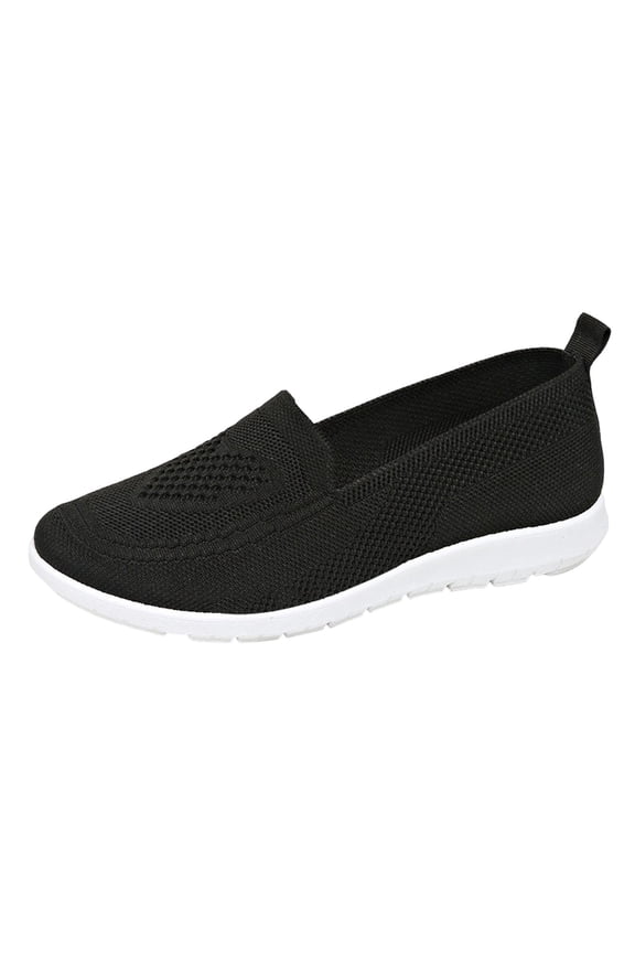 Women's Slip-On Knit Walking Flats, Breathable Perforated Upper Casual Daily Footwear, Nine Solid Tone Lightweight Cushioned Non-Slip Outdoor Shoes(Black,5.5)