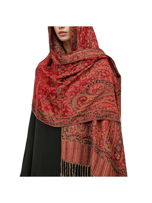 Women's Soft Faux Paisley Shawl Wrap Vintage Ethnic Scarf with Tassel Fringe Cozy Warm Fall Winter Accessory for Daily Wear
