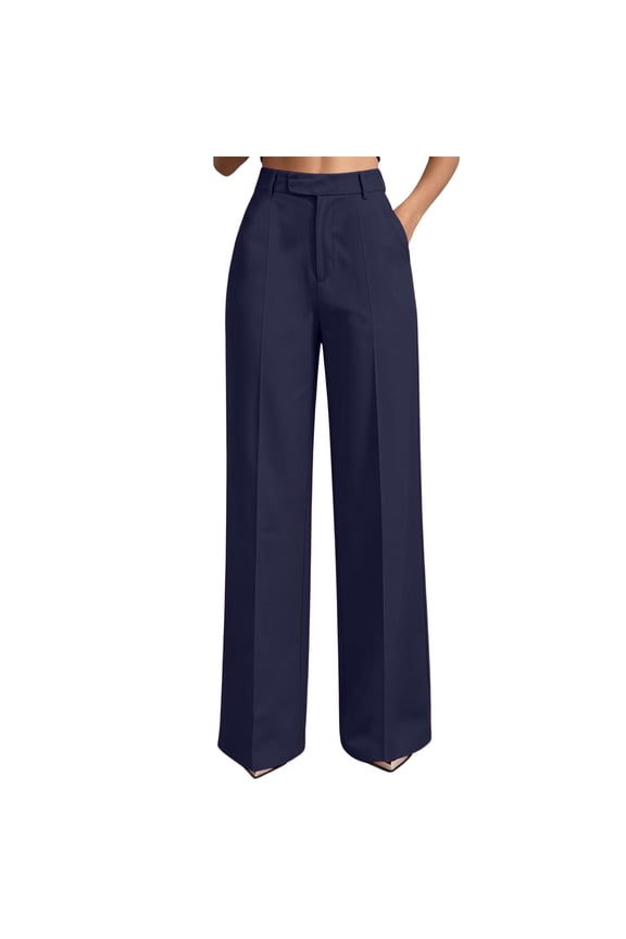 Women's Solid Color High Waisted Wide Leg Suit Pants Straight Leg Trousers with Pockets Four-Way Stretch Business Casual Pants for Office & Daily Wear(Navy,S)