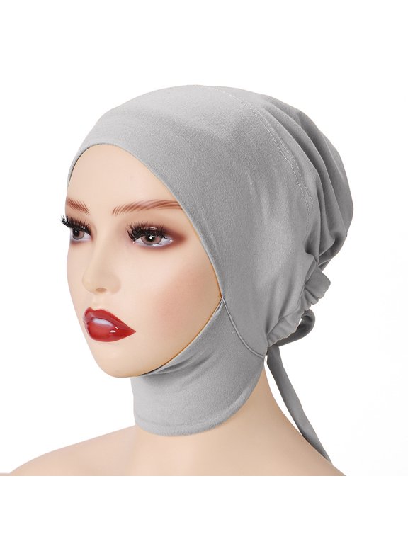 Women's Solid Color Neck Cover Hijab Cap Elastic Polyester Chemo Turban Breathable Quick Dry Head Scarf Adjustable Muslim Under Scarf Bonnet(Gray,Free Size)