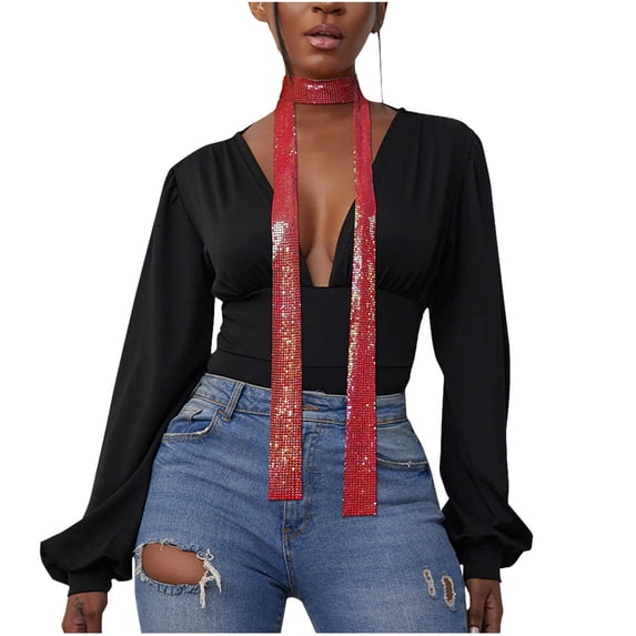 Floleo Women's Sparkly Sequin Skinny Scarf Necklace Long Glitter Choker Tie for Party Club Evening Dressy Occasions and Casual Fashion