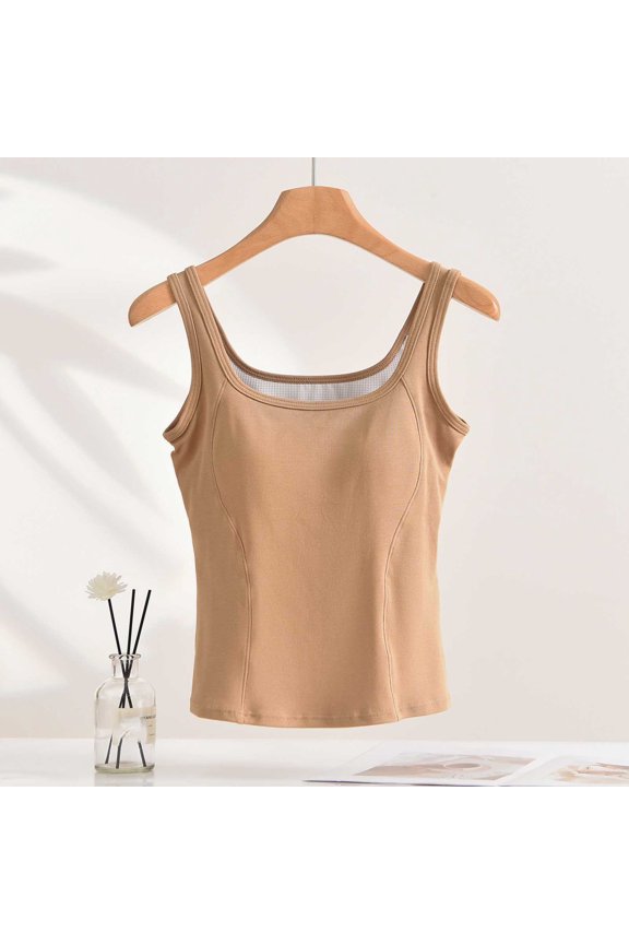 Women's Square Neck Vertical Seam Ribbed Tank Top, Built-In Padded Wide Strap Slim Fit Sleeveless Vest for All-Season Layering Daily & Light Workout Outfits (Khaki,M)