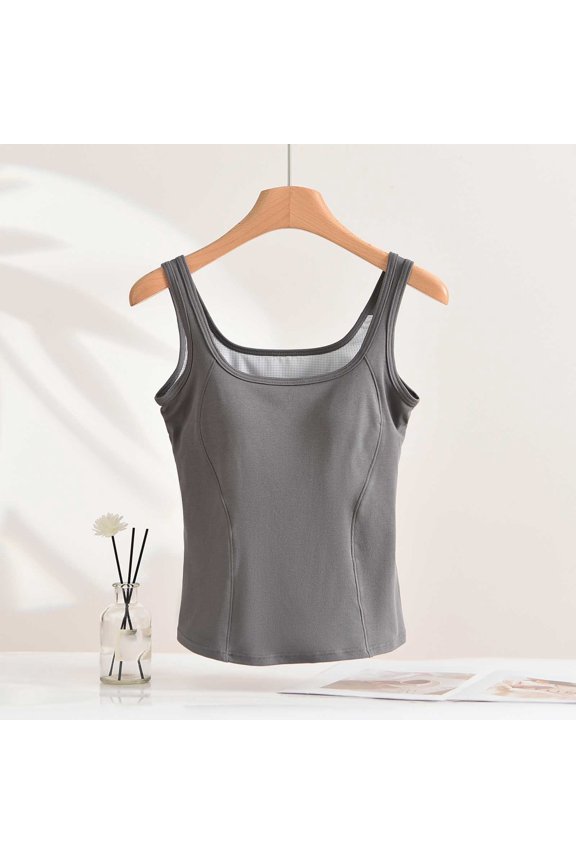 Women's Square Neck Vertical Seam Ribbed Tank Top, Built-In Padded Wide Strap Slim Fit Sleeveless Vest for All-Season Layering Daily & Light Workout Outfits (Gray,S)