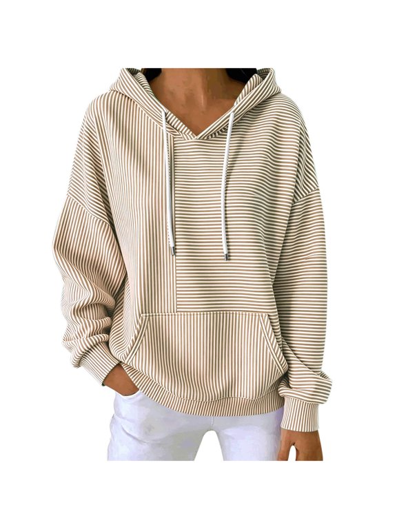 Women's Striped Hoodie Pullover Long Sleeve Drop Shoulder Casual Top with Kangaroo Pocket Drawstring Relaxed Fit Hooded Sweatshirt for Fall Winter