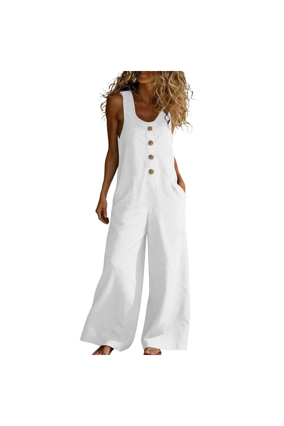 Women's Summer Linen Sleeveless Jumpsuit with Casual Button Hem and Wide Leg Pockets Comfortable Breathable and Loose Suitable for Daily Wear on Beach Vacations(White,L)