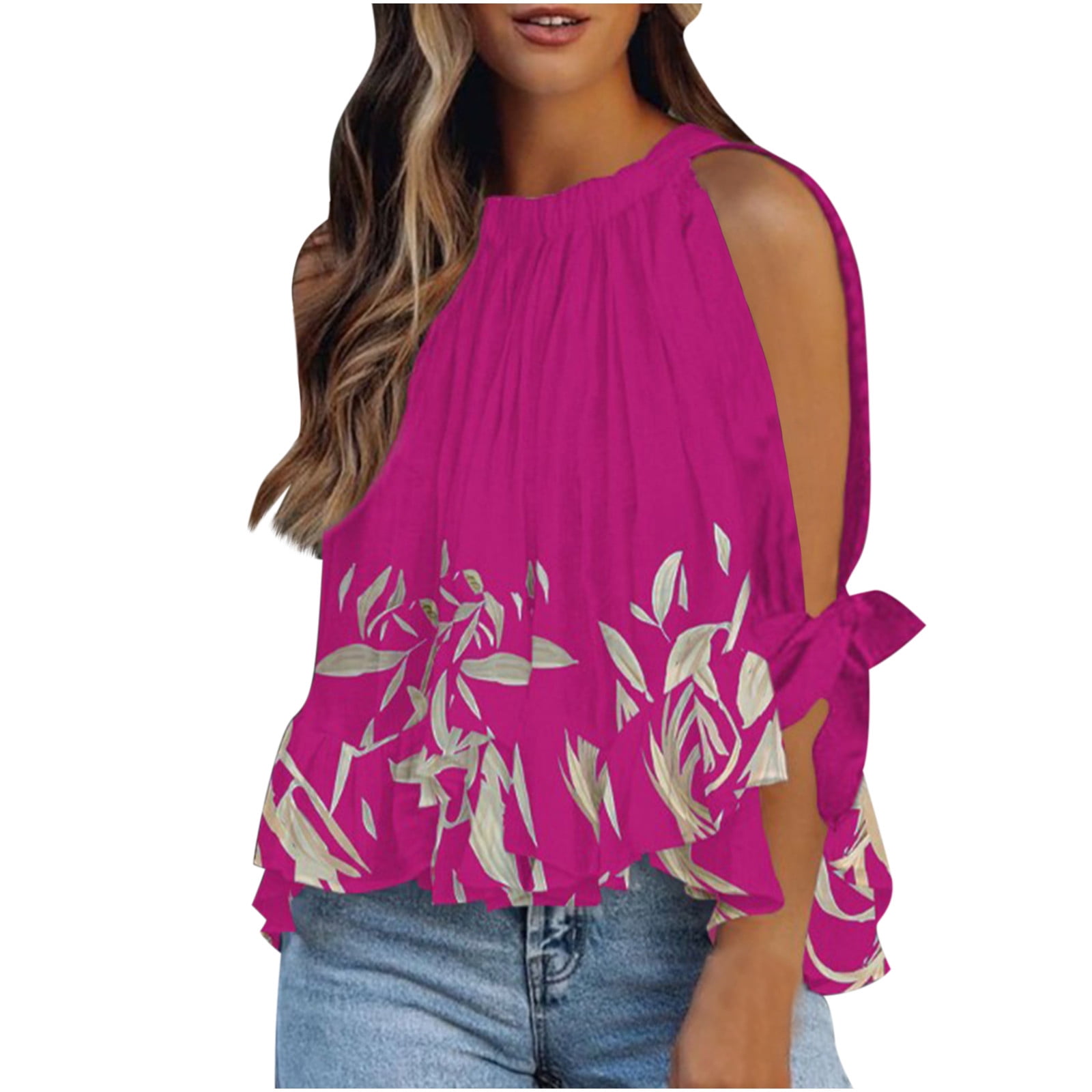 Chiffon Sleeveless Cold Shoulder Print Round neck Blouses Chiffon Sleeveless Cold Shoulder Print Round neck Blouses
